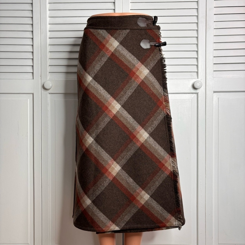 Wool Plaid Wrap Skirt - Brown & Rust